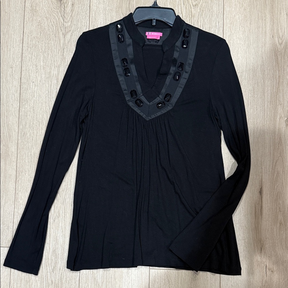 BCBG Black Long Sleeve Blouse with Embellished Neckline, Sz M like new